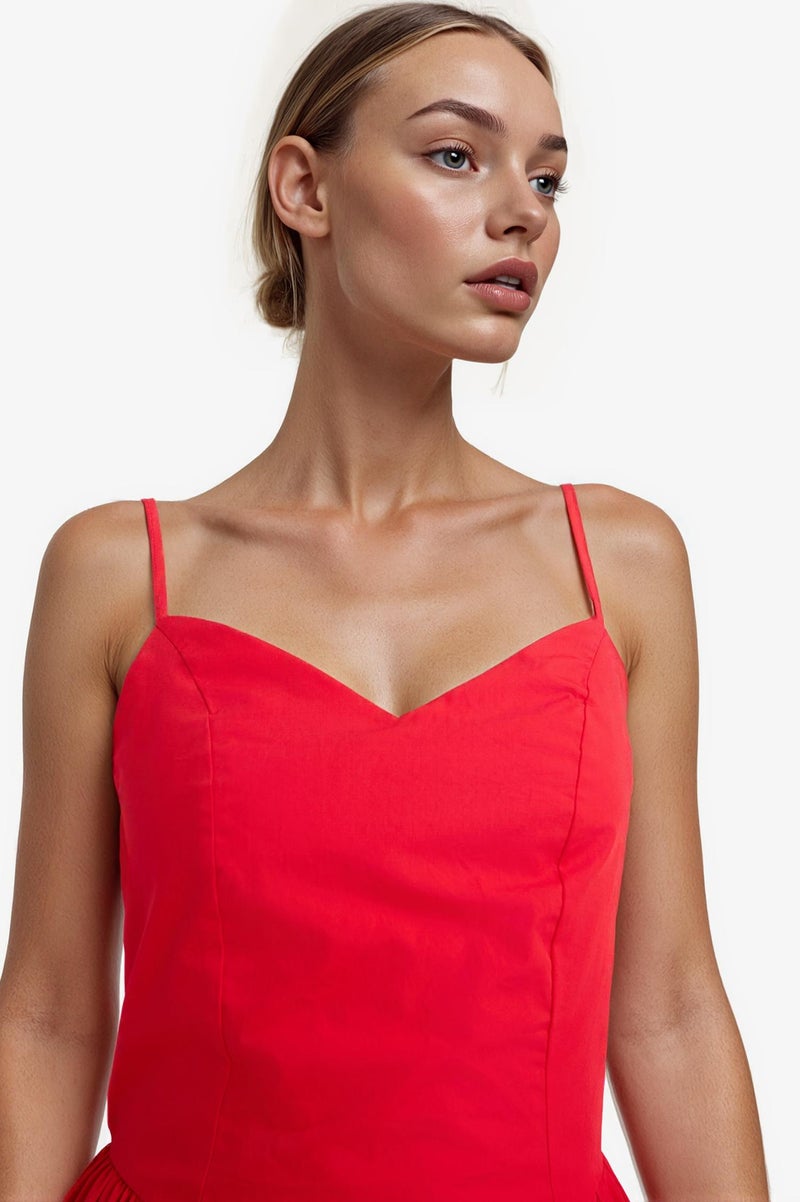 DeFacto Red Woman V-Neck Poplin Strappy Midi Dress Casual - Image 4